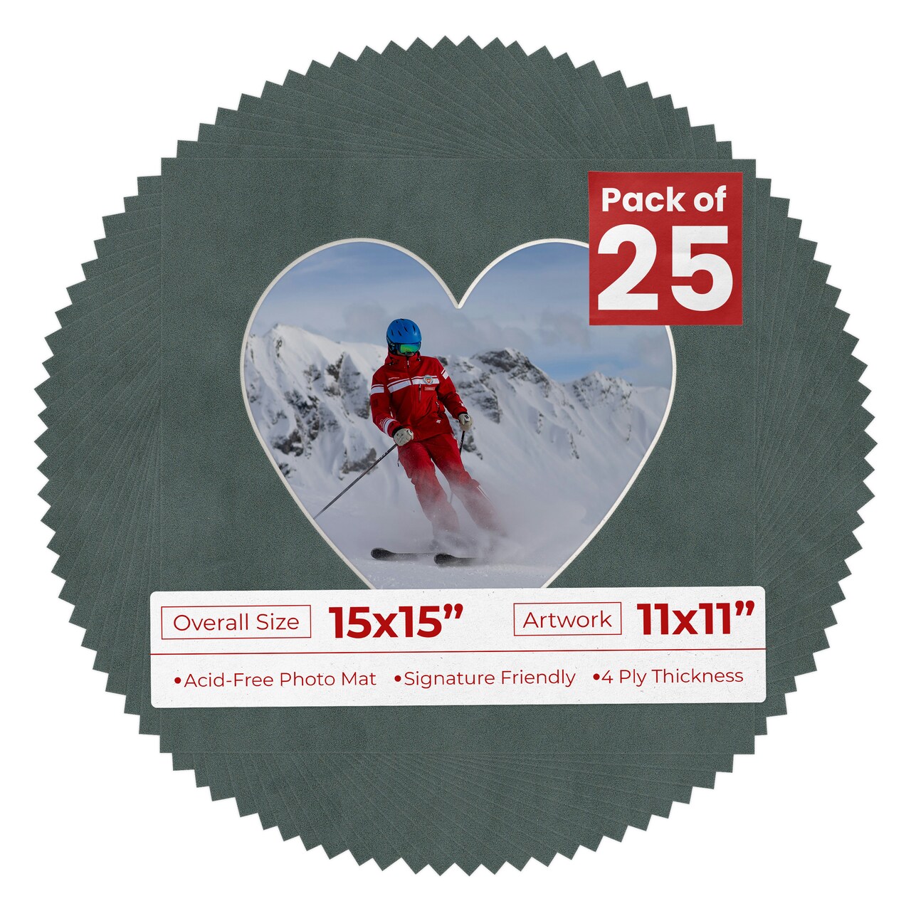 Dark Grey Suede Mat Board for 15x15 Frames - Heart Opening for 11x11 Photos